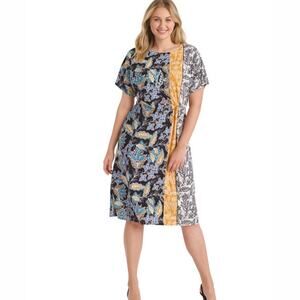 London Times Print Side Twist Midi Dress Women's 10 Petite Mustard Teal  Black